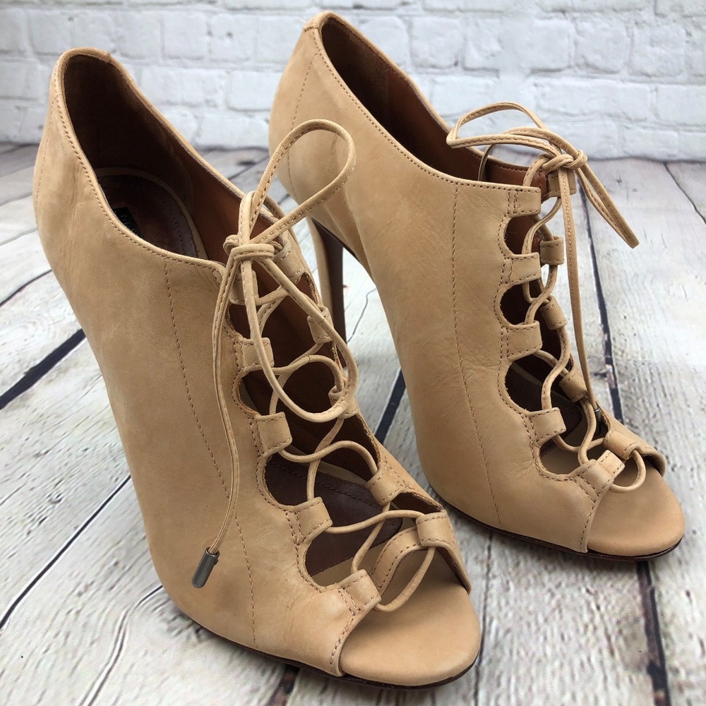 Schutz Nude Suede Leather Lace Up Heels Size 9.5B